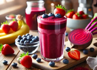 A vibrant beet-berry brain booster smoothie in a clear glass, placed on a wooden table. The smoothie is a deep reddish-purple color, topped with a few fresh blueberries and a sprinkle of beetroot powder. Surrounding the glass are fresh strawberries, banana slices, and a small bowl of chopped beetroot. The background is softly blurred with natural light, hinting at a cozy kitchen setting.
