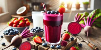 A vibrant beet and berry smoothie in a tall glass with a deep red-purple hue, surrounded by fresh blueberries, raspberries, strawberries, and cooked beets on a rustic wooden table with a glass of coconut water nearby.