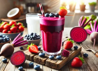 A vibrant beet and berry smoothie in a tall glass with a deep red-purple hue, surrounded by fresh blueberries, raspberries, strawberries, and cooked beets on a rustic wooden table with a glass of coconut water nearby.