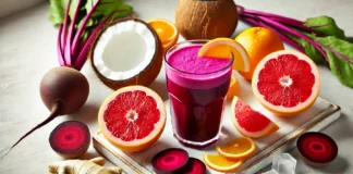 A vibrant magenta beet smoothie in a tall glass, surrounded by fresh orange, grapefruit, ginger, coconut water, and raw beet on a bright kitchen counter.