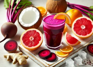 A vibrant magenta beet smoothie in a tall glass, surrounded by fresh orange, grapefruit, ginger, coconut water, and raw beet on a bright kitchen counter.