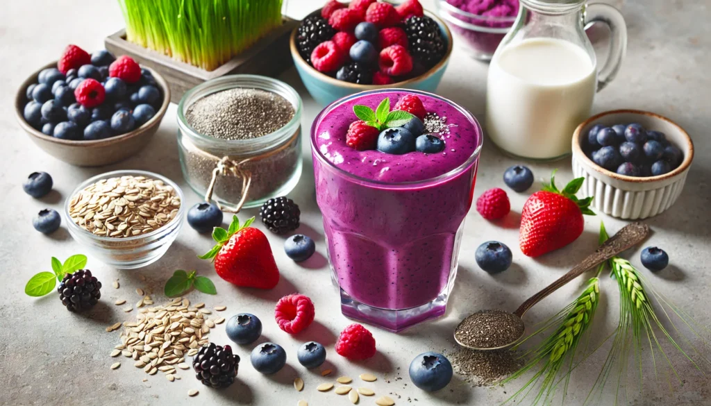 A vibrant purple smoothie in a glass with a thick, creamy texture, garnished with fresh berries, surrounded by ingredients including barley grass powder, mixed berries (blueberries, raspberries, blackberries), chia seeds, oat milk, and a drizzle of maple syrup on a clean kitchen countertop. Soft natural lighting enhances its refreshing and energizing appeal.