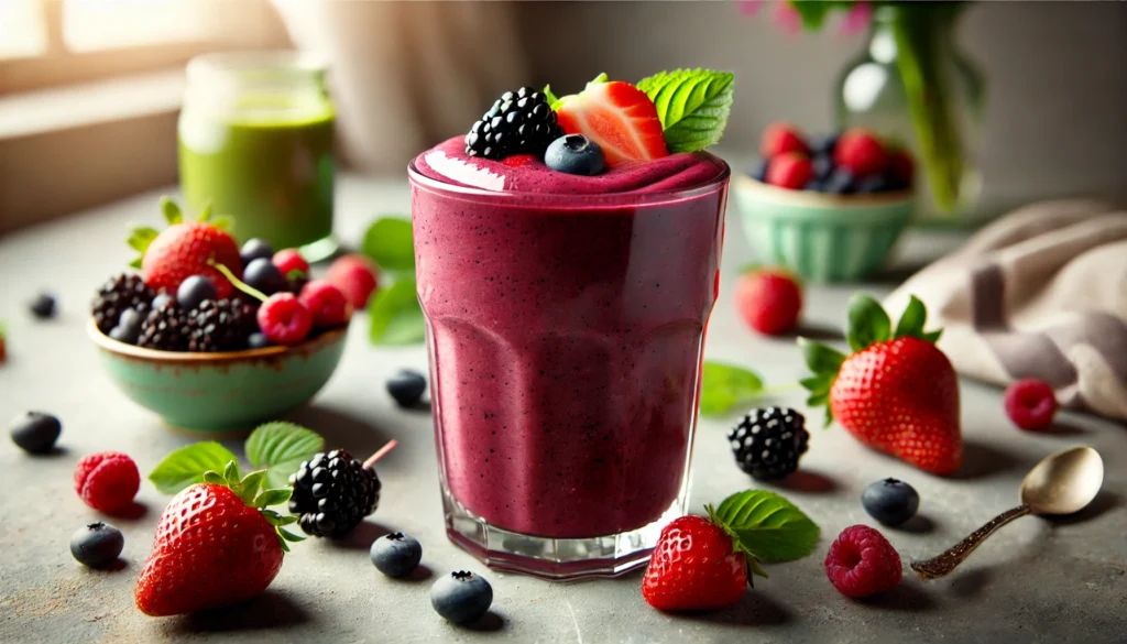 A rich and colorful smoothie made with green tea and mixed berries, served in a clear glass with fresh strawberries and blackberries scattered around, set against a softly lit kitchen background emphasizing its fresh ingredients.