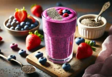 A vibrant and creamy Berry-Kefir Power Smoothie in a tall glass with a deep purple color. Garnished with fresh berries and chia seeds, the smoothie is placed on a wooden surface surrounded by blueberries, strawberries, and a small dish of chia seeds, emphasizing its antioxidant-rich ingredients.