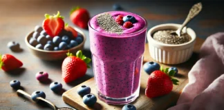 A vibrant and creamy Berry-Kefir Power Smoothie in a tall glass with a deep purple color. Garnished with fresh berries and chia seeds, the smoothie is placed on a wooden surface surrounded by blueberries, strawberries, and a small dish of chia seeds, emphasizing its antioxidant-rich ingredients.