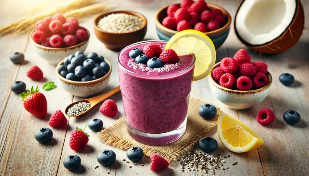 A refreshing berry smoothie with a deep purple color, blended with mixed berries, lemon juice, and coconut water, garnished with fresh berries and a lemon slice, set on a wooden table.