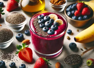 A vibrant berry smoothie in a clear glass, made with blueberries, strawberries, banana, chia seeds, almond milk, and olive oil—crafted to increase HDL cholesterol and deliver antioxidant-rich heart protection.