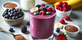 A rich purple berry smoothie in a clear glass, made with mixed berries, banana, and flaxseeds. Garnished with whole berries and a sprinkle of flaxseeds, set against a clean kitchen counter with fresh fruit, a small bowl of flaxseeds, and a glass of almond milk.