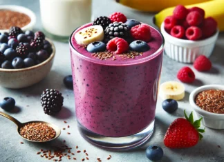 A rich purple berry smoothie in a clear glass, made with mixed berries, banana, and flaxseeds. Garnished with whole berries and a sprinkle of flaxseeds, set against a clean kitchen counter with fresh fruit, a small bowl of flaxseeds, and a glass of almond milk.
