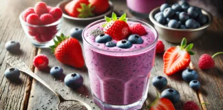 A vibrant berry smoothie in a clear glass, made with kefir, strawberries, blueberries, raspberries, and chia seeds, set on a rustic wooden table with fresh berries in the background.
