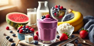 A rich purple Berry Protein Power Smoothie in a clear glass, surrounded by fresh mixed berries, cottage cheese, a ripe banana, almond milk, a vanilla pod, and ice cubes on a wooden surface with soft, natural lighting.