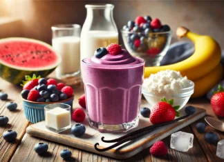 A rich purple Berry Protein Power Smoothie in a clear glass, surrounded by fresh mixed berries, cottage cheese, a ripe banana, almond milk, a vanilla pod, and ice cubes on a wooden surface with soft, natural lighting.