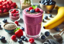 A vibrant berry protein recovery smoothie in a glass, surrounded by fresh blueberries, raspberries, and strawberries. A banana and chia seeds are placed nearby, highlighting the nutritious ingredients. The setting is a clean, modern kitchen with soft natural lighting.
