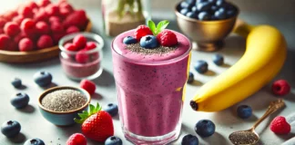 A vibrant berry protein recovery smoothie in a glass, surrounded by fresh blueberries, raspberries, and strawberries. A banana and chia seeds are placed nearby, highlighting the nutritious ingredients. The setting is a clean, modern kitchen with soft natural lighting.