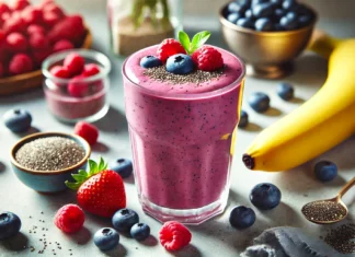 A vibrant berry protein recovery smoothie in a glass, surrounded by fresh blueberries, raspberries, and strawberries. A banana and chia seeds are placed nearby, highlighting the nutritious ingredients. The setting is a clean, modern kitchen with soft natural lighting.