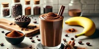 A rich and creamy Black Bean Mocha Power Smoothie in a tall glass, topped with a sprinkle of cacao powder and a cinnamon stick. The deep chocolate-colored smoothie is placed on a modern kitchen counter with coffee beans, banana slices, and cacao powder around it, creating a warm and energizing aesthetic.