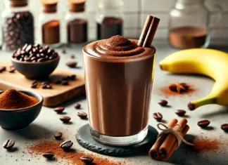 A rich and creamy Black Bean Mocha Power Smoothie in a tall glass, topped with a sprinkle of cacao powder and a cinnamon stick. The deep chocolate-colored smoothie is placed on a modern kitchen counter with coffee beans, banana slices, and cacao powder around it, creating a warm and energizing aesthetic.