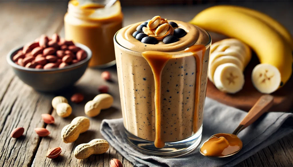 A thick and creamy Black Bean and Peanut Butter Muscle Recovery Smoothie served in a tall glass with a drizzle of peanut butter on top. Surrounding the smoothie are fresh peanuts, banana slices, and a spoonful of peanut butter on a wooden surface, highlighting its protein-rich and muscle-repairing ingredients.