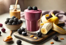 A blackberry banana power shake in a glass, featuring a deep purple color and a creamy texture. The smoothie is surrounded by fresh blackberries, a peeled banana, a spoonful of almond butter, and a drizzle of honey. The setting is a bright and modern kitchen with soft natural lighting.