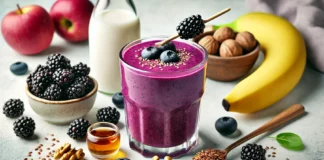 A vibrant blackberry smoothie in a clear glass, with a deep purple color and creamy texture. Surrounding the glass are fresh blackberries, walnuts, flaxseeds, a banana, a drizzle of honey, and a bottle of almond milk, emphasizing brain-boosting and neuroprotective ingredients.