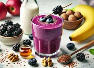 A vibrant blackberry smoothie in a clear glass, with a deep purple color and creamy texture. Surrounding the glass are fresh blackberries, walnuts, flaxseeds, a banana, a drizzle of honey, and a bottle of almond milk, emphasizing brain-boosting and neuroprotective ingredients.