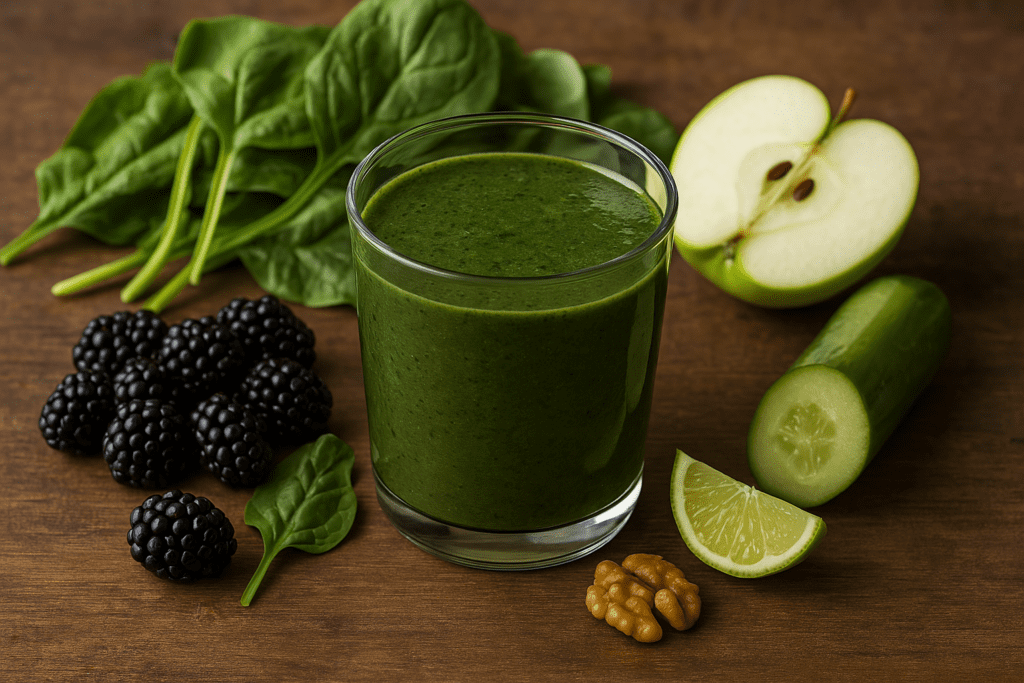 A dark green smoothie in a glass surrounded by blackberries, spinach leaves, green apple, cucumber slices, and a lime wedge on a wooden surface, highlighting antioxidant-rich ingredients for circulatory health.
