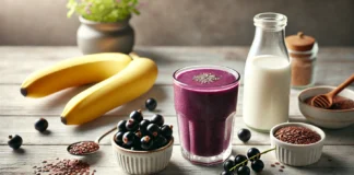 A deep purple smoothie in a clear glass, surrounded by blackcurrants, a banana, flaxseeds, and almond milk, styled on a light wooden table for a clean and vibrant brain-supportive presentation.