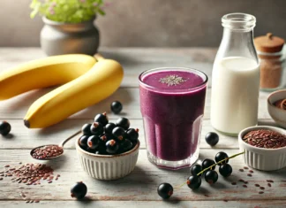 A deep purple smoothie in a clear glass, surrounded by blackcurrants, a banana, flaxseeds, and almond milk, styled on a light wooden table for a clean and vibrant brain-supportive presentation.