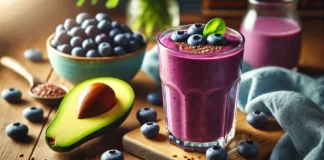 A vibrant blueberry smoothie in a glass, made with blueberries, avocado, flaxseeds, and almond milk, featuring a deep purple color, placed on a wooden surface with fresh blueberries, a halved avocado, and a small bowl of flaxseeds in a softly lit setting.