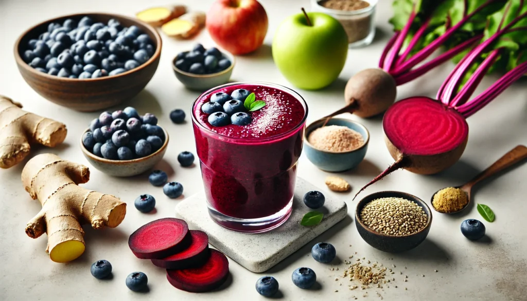 A bold magenta blueberry and beet smoothie in a clear glass, surrounded by beet slices, blueberries, green apple wedges, grated ginger, and hemp seeds—crafted to enhance circulation and cardiovascular support.