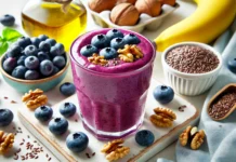A vibrant blueberry smoothie in a clear glass, garnished with fresh blueberries and walnuts. Surrounding the glass are ingredients including a banana, walnuts, flaxseeds, and a bottle of olive oil, emphasizing brain-boosting nutrition.