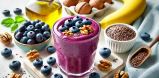 A vibrant blueberry smoothie in a clear glass, garnished with fresh blueberries and walnuts. Surrounding the glass are ingredients including a banana, walnuts, flaxseeds, and a bottle of olive oil, emphasizing brain-boosting nutrition.