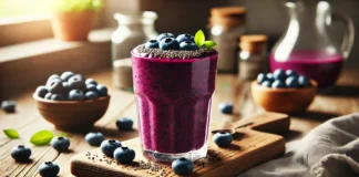 A deep purple blueberry-chia smoothie in a tall glass, garnished with fresh blueberries and chia seeds, placed on a wooden table with a rustic kitchen background and soft natural lighting.