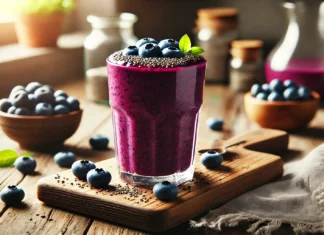 A deep purple blueberry-chia smoothie in a tall glass, garnished with fresh blueberries and chia seeds, placed on a wooden table with a rustic kitchen background and soft natural lighting.