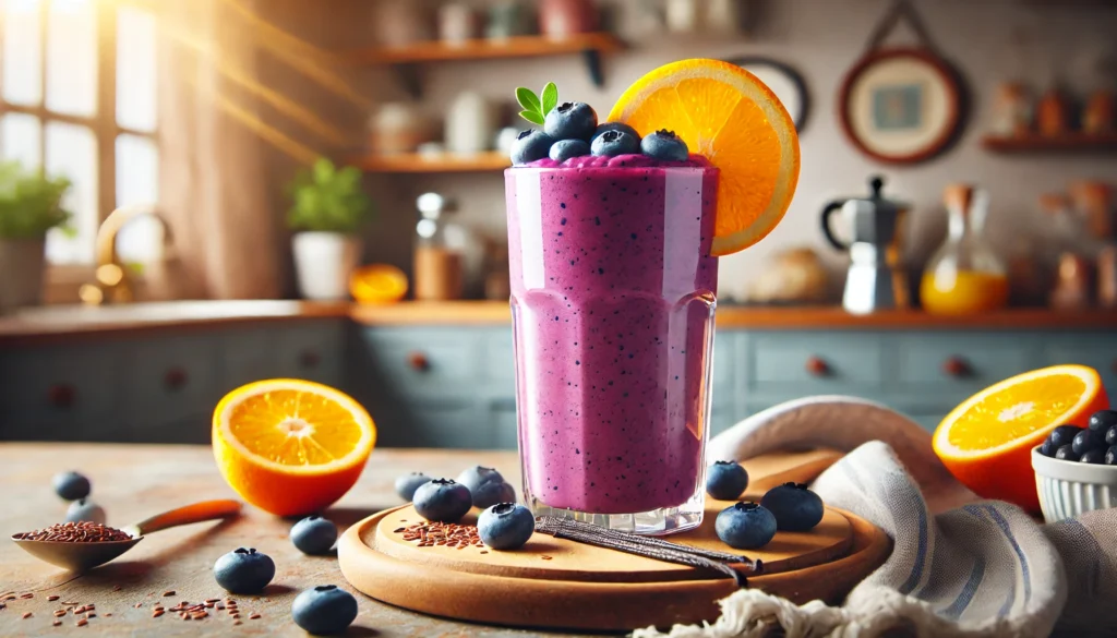 A bright purple citrus-blueberry smoothie in a tall glass, topped with fresh blueberries and an orange slice, set in a cozy kitchen with warm natural lighting.