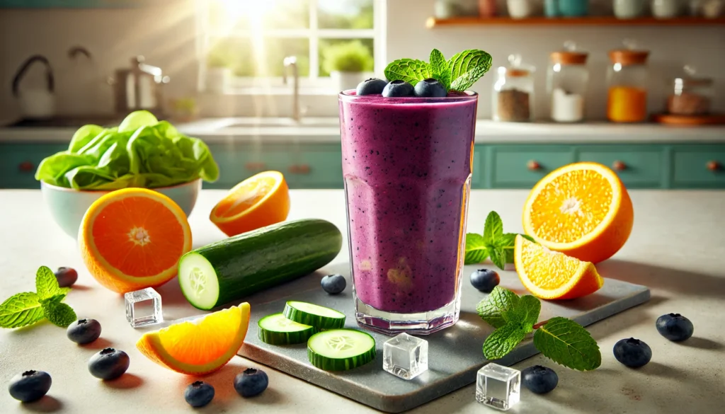 A refreshing blueberry and citrus smoothie in a tall glass, set among orange segments, cucumber slices, fresh mint, and ice on a sunny countertop—an antioxidant-rich blend for heart function and hydration.