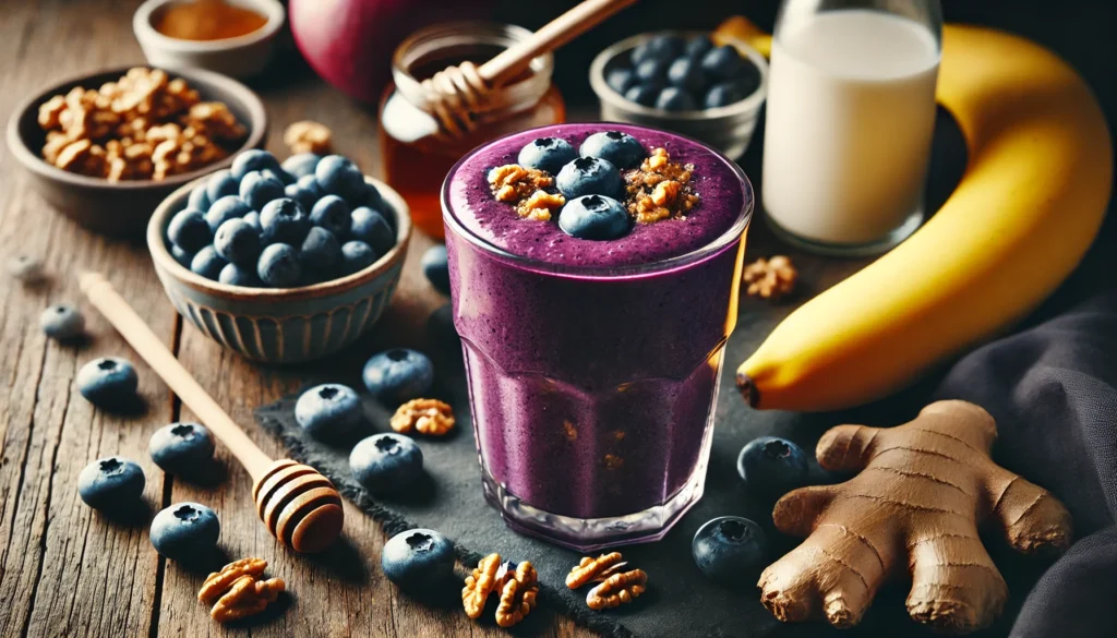 A rich purple smoothie with blueberries and crushed walnuts, surrounded by banana, ginger root, walnuts, honey, and almond milk on a wooden surface.