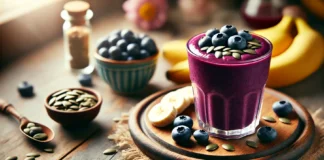 A vibrant blueberry-pumpkin seed smoothie in a glass, placed on a rustic wooden table. The deep purple smoothie is topped with fresh blueberries and raw pumpkin seeds, with banana slices and a bowl of pumpkin seeds beside it. Soft natural lighting enhances the freshness of the ingredients.
