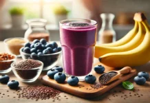A vibrant purple smoothie in a clear glass, surrounded by blueberries, banana, flaxseeds, and a bowl of dried seaweed on a wooden countertop, representing a nutrient-rich brain-boosting drink.