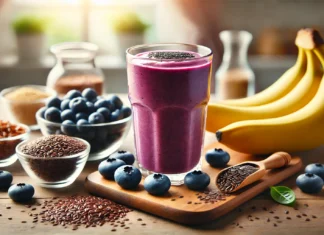 A vibrant purple smoothie in a clear glass, surrounded by blueberries, banana, flaxseeds, and a bowl of dried seaweed on a wooden countertop, representing a nutrient-rich brain-boosting drink.