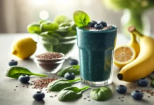 A vibrant emerald-toned blueberry smoothie in a clear glass, surrounded by fresh spinach leaves, a banana, lemon half, and a small bowl of ground flaxseeds on a bright kitchen counter—perfect for supporting heart health.