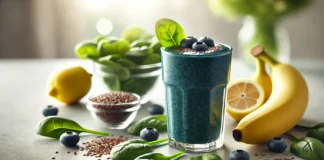 A vibrant emerald-toned blueberry smoothie in a clear glass, surrounded by fresh spinach leaves, a banana, lemon half, and a small bowl of ground flaxseeds on a bright kitchen counter—perfect for supporting heart health.