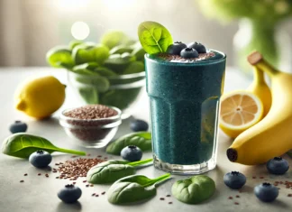 A vibrant emerald-toned blueberry smoothie in a clear glass, surrounded by fresh spinach leaves, a banana, lemon half, and a small bowl of ground flaxseeds on a bright kitchen counter—perfect for supporting heart health.