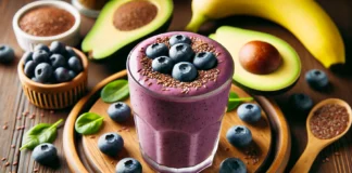 A creamy avocado blueberry smoothie in a clear glass with a rich purple hue, placed on a wooden table. The smoothie is topped with a few fresh blueberries and a sprinkle of flaxseeds. Surrounding the glass are half an avocado, a banana, and a small dish of cinnamon, creating a nutritious and inviting scene.
