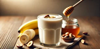 A creamy, protein-rich smoothie in a glass, featuring a light beige blend made with Brazil nuts, banana, and Greek yogurt. The smoothie is placed on a wooden surface with a few whole Brazil nuts and a drizzle of honey beside it, creating a warm and nourishing post-workout recovery atmosphere.