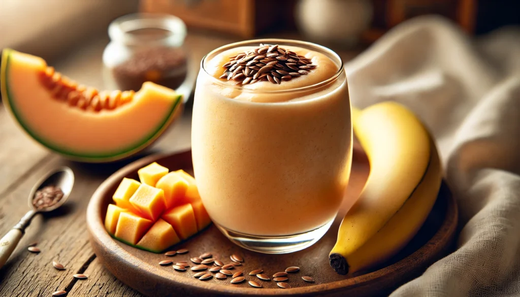 A creamy cantaloupe smoothie in a glass, featuring a smooth, orange-hued blend with a hint of vanilla. A frozen banana and flaxseeds are artistically arranged around the glass, emphasizing the natural sweetness and fiber content in a cozy, inviting ambiance.