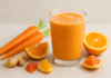 A vibrant carrot smoothie made with orange, grapefruit, Greek yogurt, and ginger, styled in a clear glass with fresh citrus slices, carrots, and ginger on a soft, minimalist background to support blood pressure health.