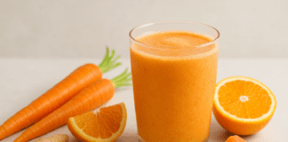 A vibrant carrot smoothie made with orange, grapefruit, Greek yogurt, and ginger, styled in a clear glass with fresh citrus slices, carrots, and ginger on a soft, minimalist background to support blood pressure health.