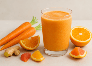 A vibrant carrot smoothie made with orange, grapefruit, Greek yogurt, and ginger, styled in a clear glass with fresh citrus slices, carrots, and ginger on a soft, minimalist background to support blood pressure health.