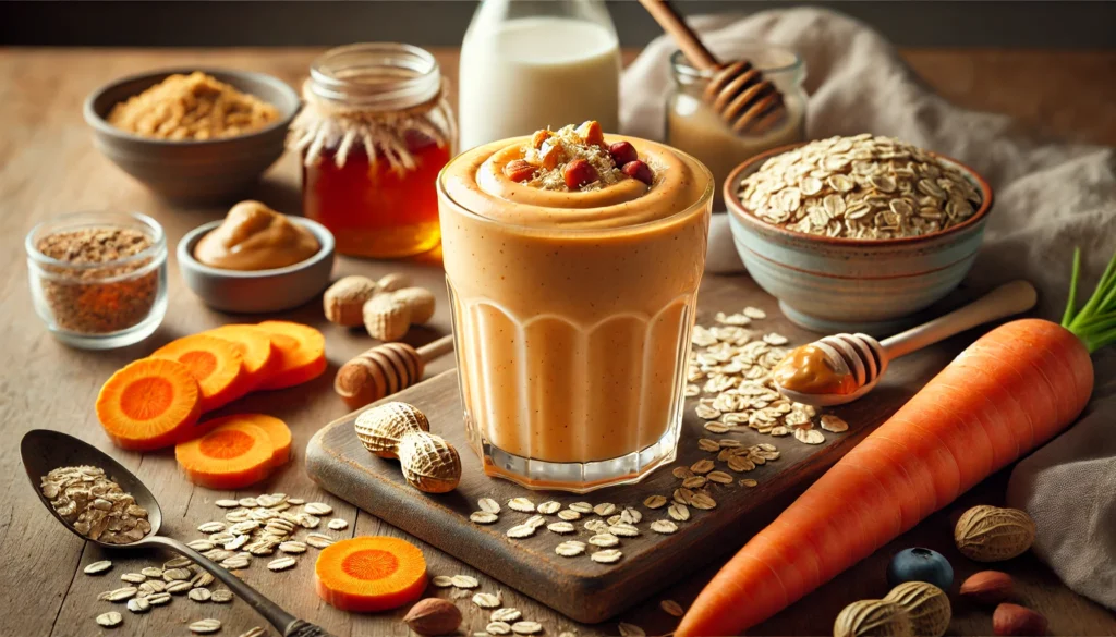 A creamy orange smoothie in a glass, surrounded by fresh ingredients including chopped carrot, rolled oats, peanut butter, unsweetened soy milk, honey, and nutmeg on a cozy wooden table. Soft natural lighting enhances the warm and comforting breakfast atmosphere.